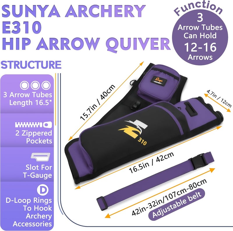 Sunya Archery Hip Quiver for Arrows. Includes 3 Tubes Arrow Holder, Accessories Pockets and Waist Belt. Fit for Compound and Recurve Bow Practice. - Image 2
